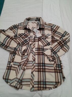 Thread & Supply Plaid Fleece Shacket Jacket Small NWT Cream Brown Teal Cozy